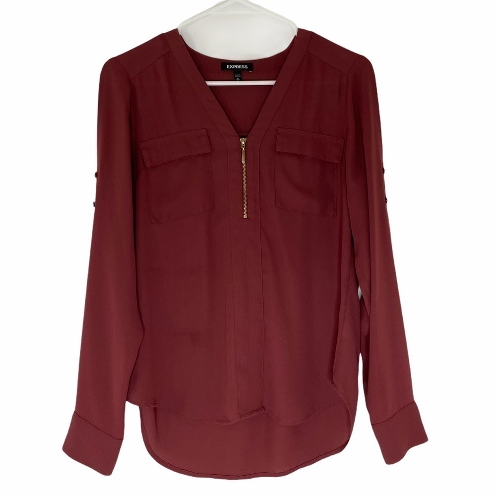 EXPRESS Dusty Rose Popover Tab Sleeve Blouse